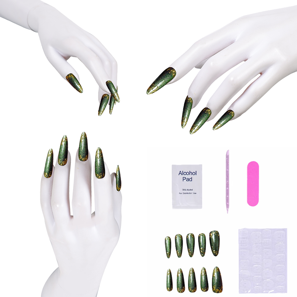 Nail Art Press On - Зеленые накладные ногти с блестящими золотыми