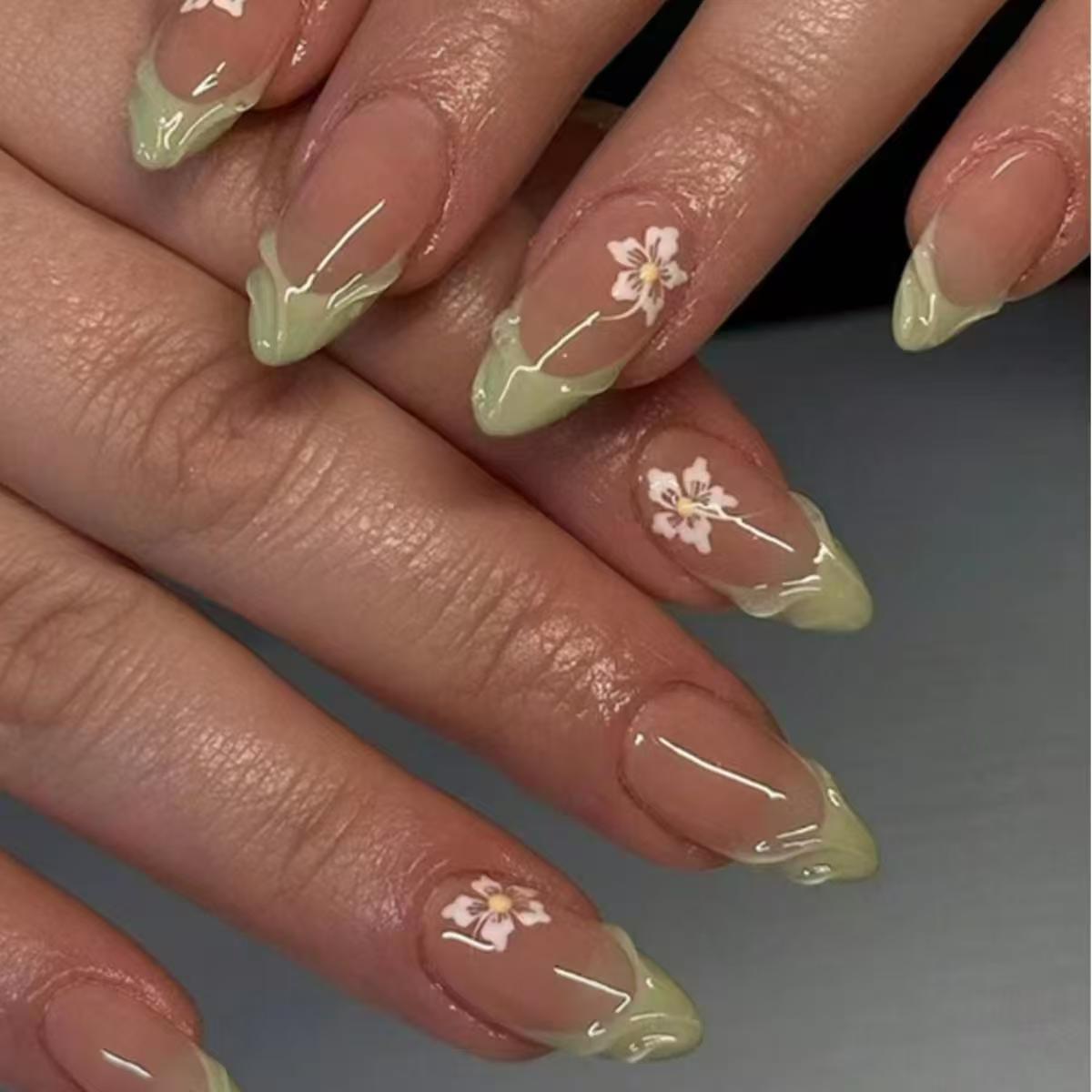 Nail Art Press On - 24 шт., простые зеленые французские накладные